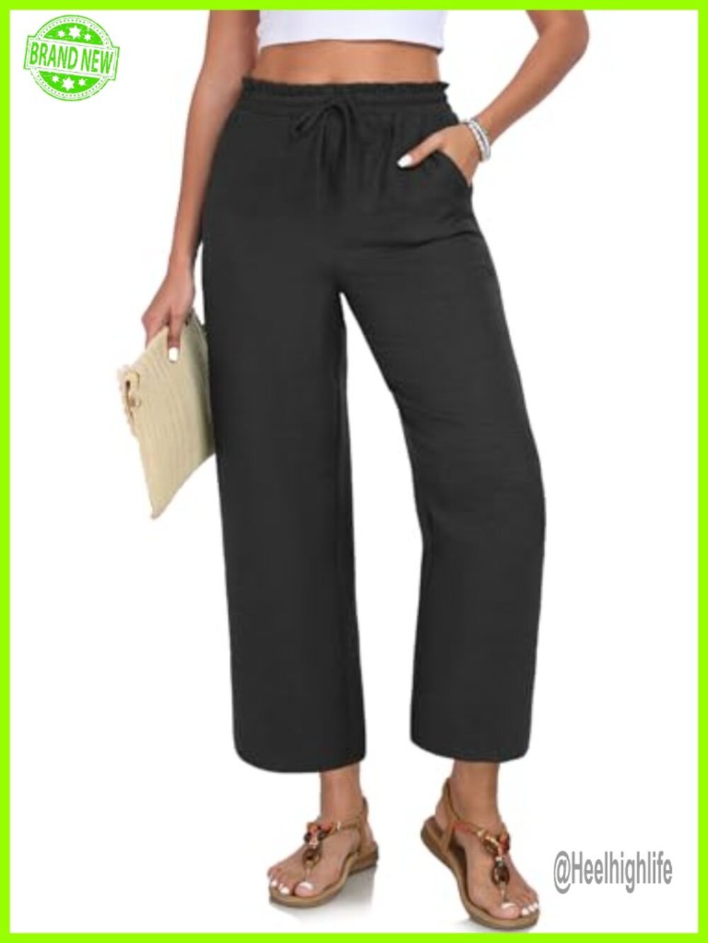Women's High Waist Cropped Palazzo Pants Wide Leg 100% Polyester Drawstring
